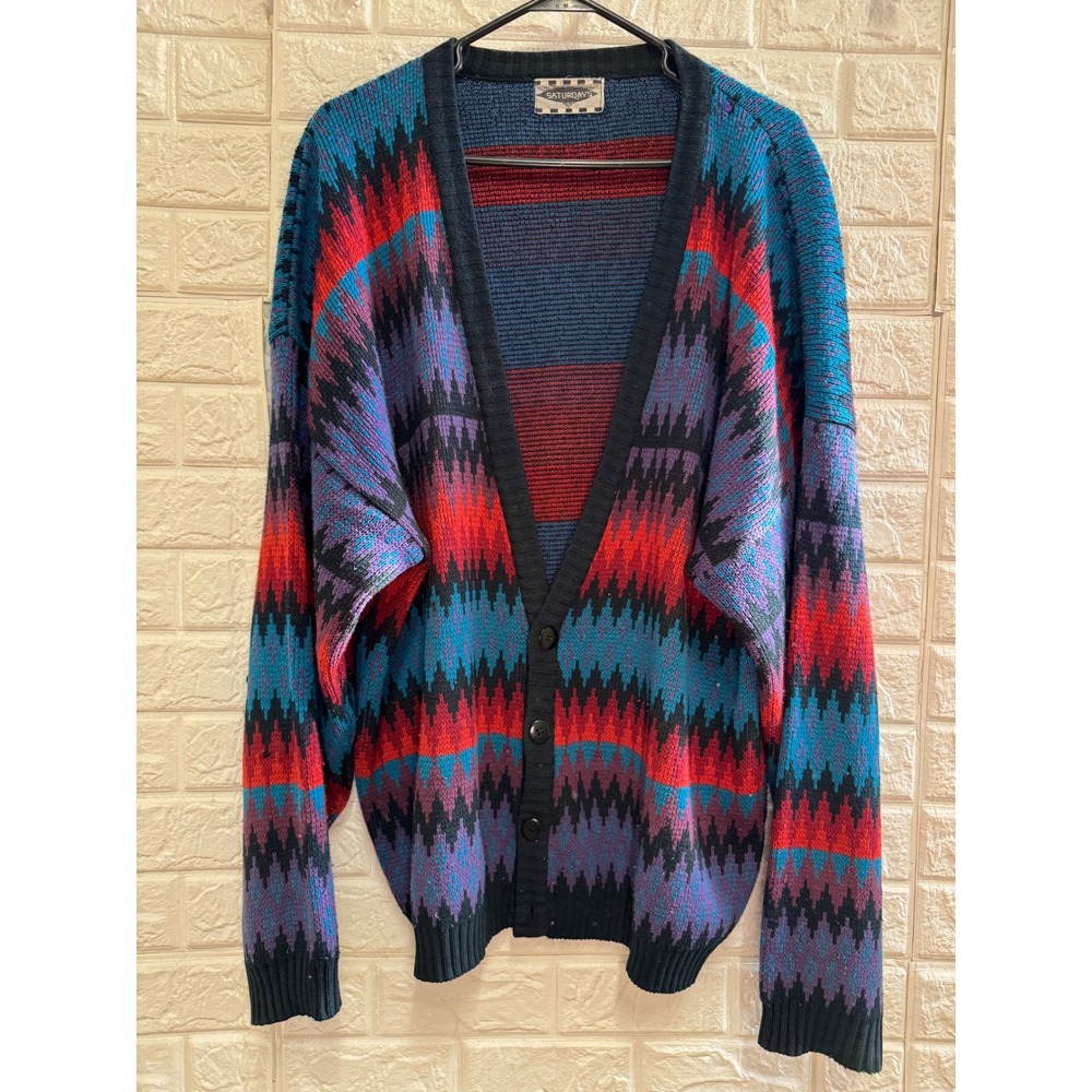 Saturdays Vintage Geometric Zigzag Cardigan Sweater‎ Multi Color Retro Grunge